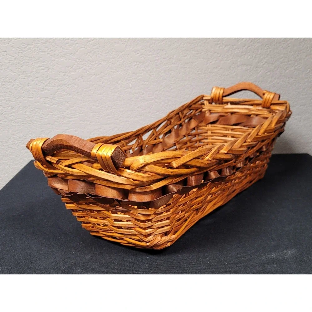 Vintage 1980s Wicker and Chipwood Rectangular Serving Basket with Wood Handles